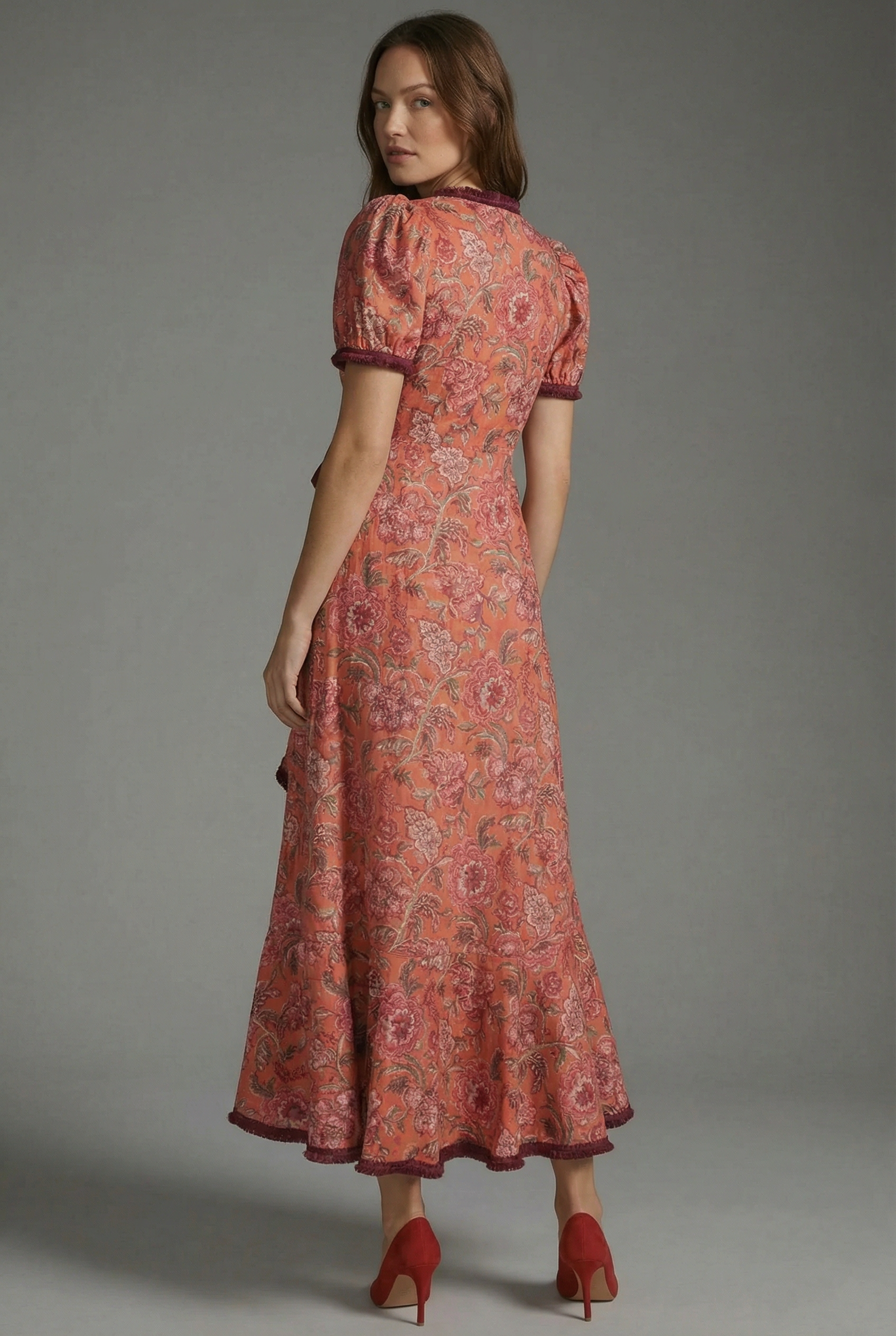 Women’s Elegant Puff Sleeve Midi Occasion Dress with Wrap and Ruffle Detail