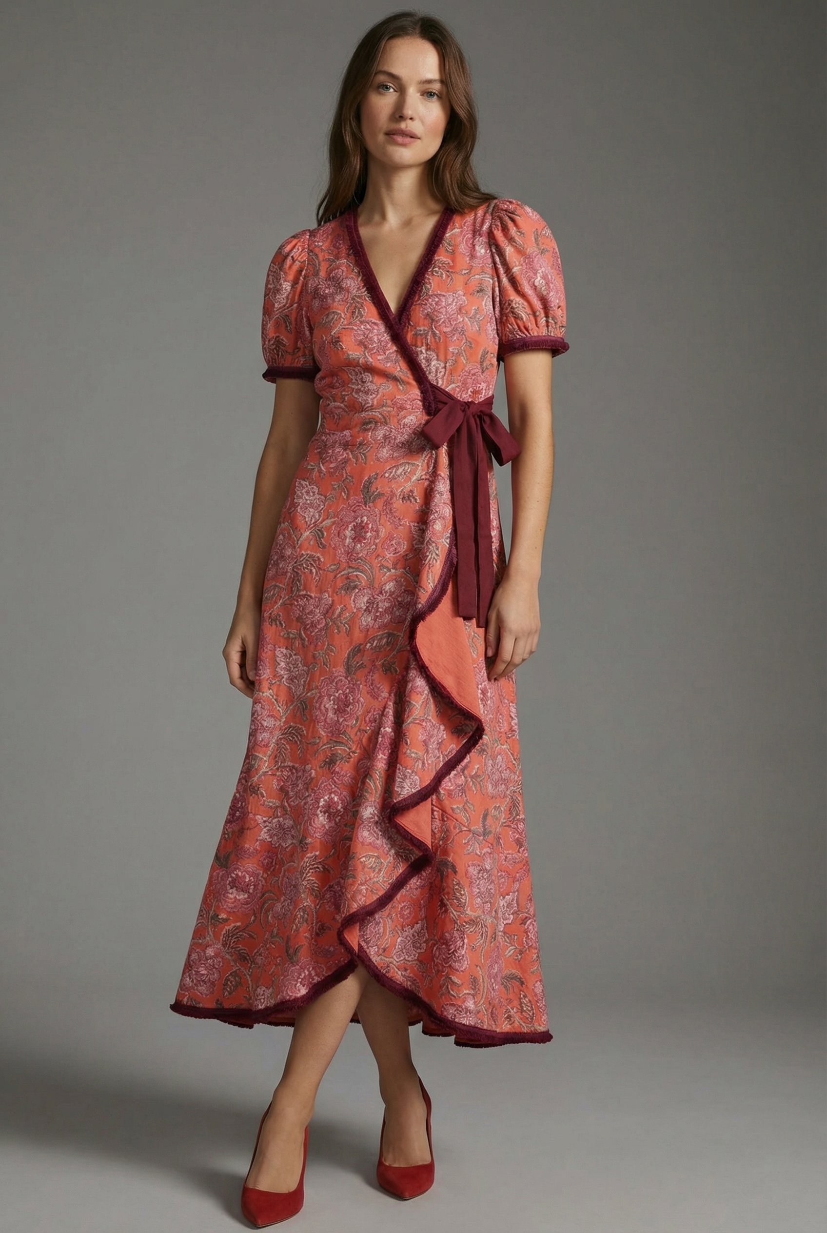 Women’s Elegant Puff Sleeve Midi Occasion Dress with Wrap and Ruffle Detail