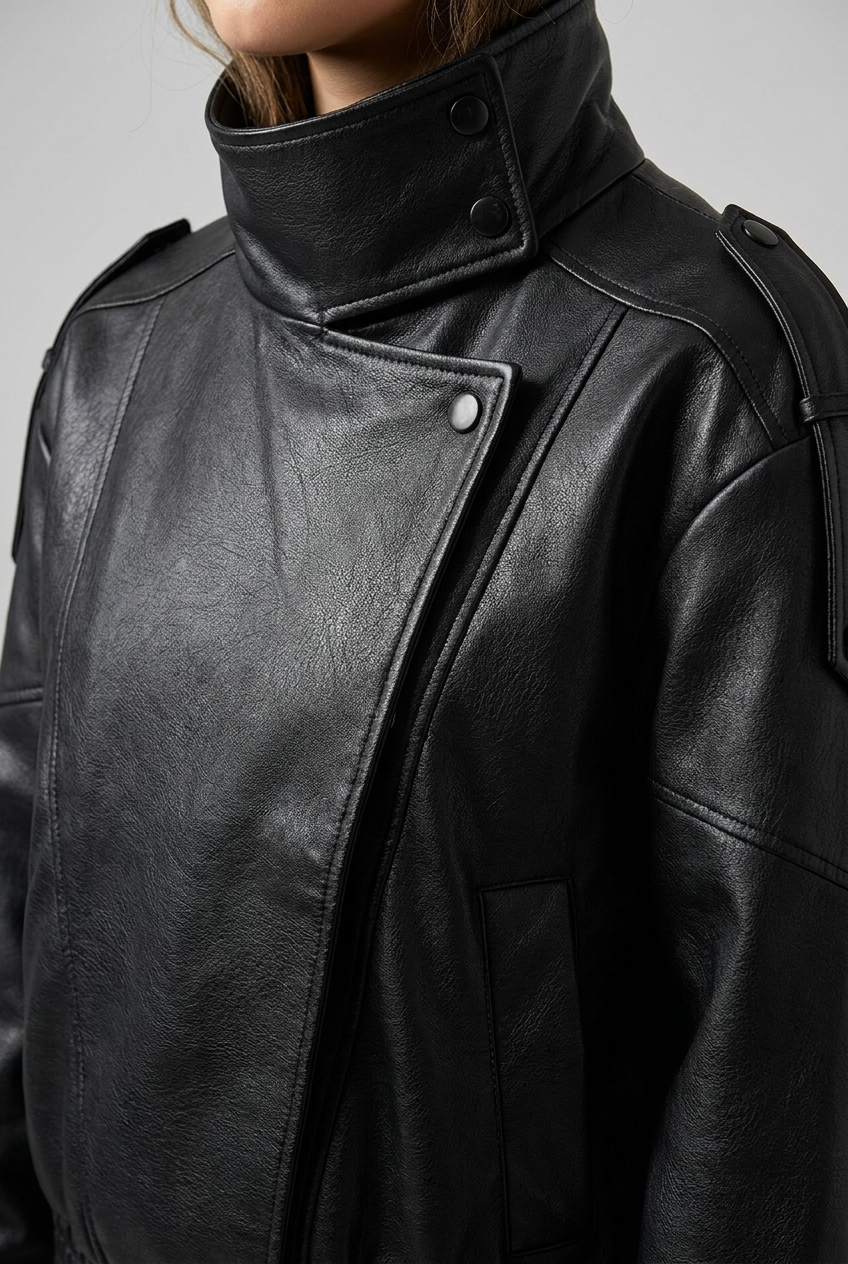Oversized High Neck Faux Leather Retro Jacket Women