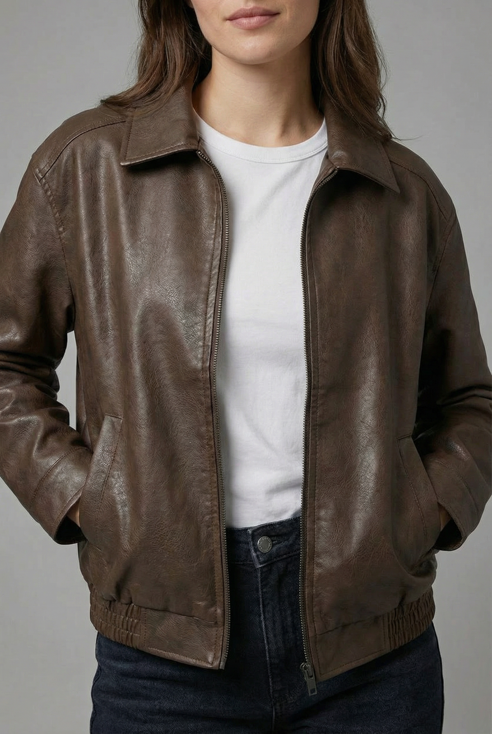 Women’s Classic Brown Zip-Up Leather Jacket
