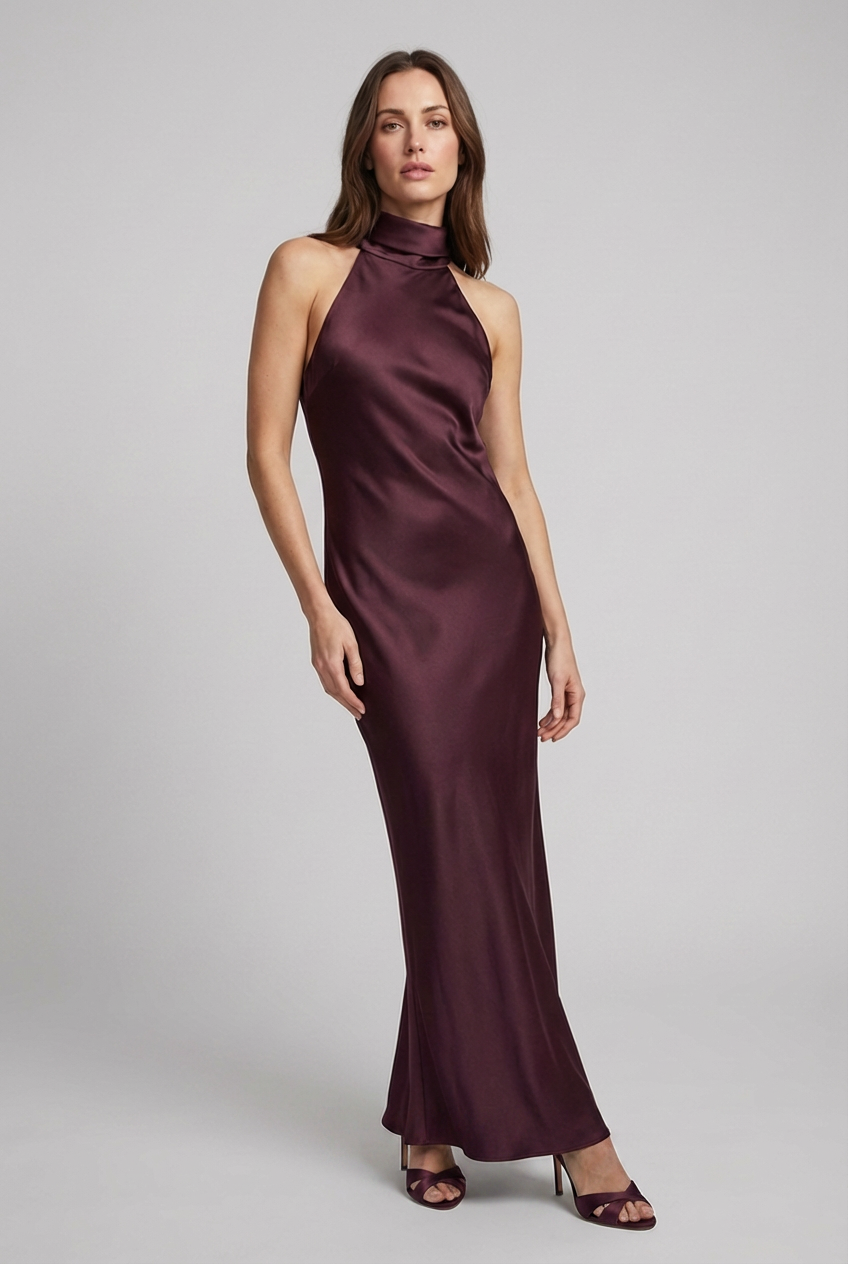 Satin Style Elegant Halterneck Maxi Wedding Guest Dress