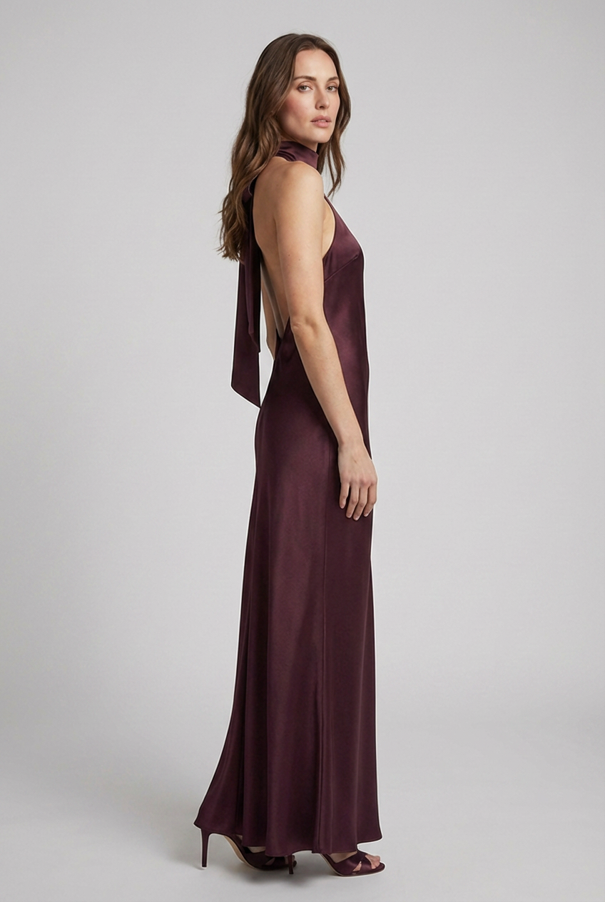 Satin Style Elegant Halterneck Maxi Wedding Guest Dress