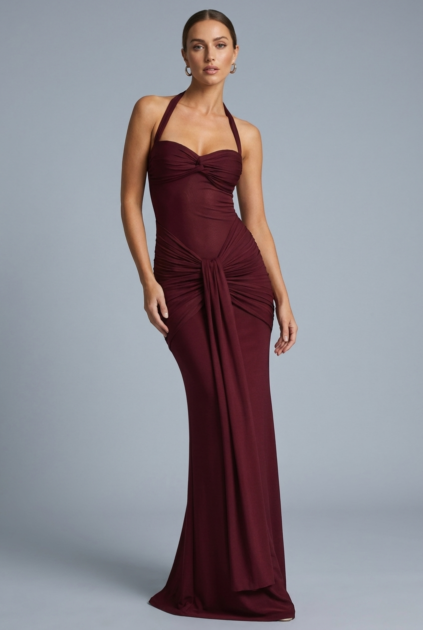 Ruched Halterneck Maxi Wedding Guest Dress Women