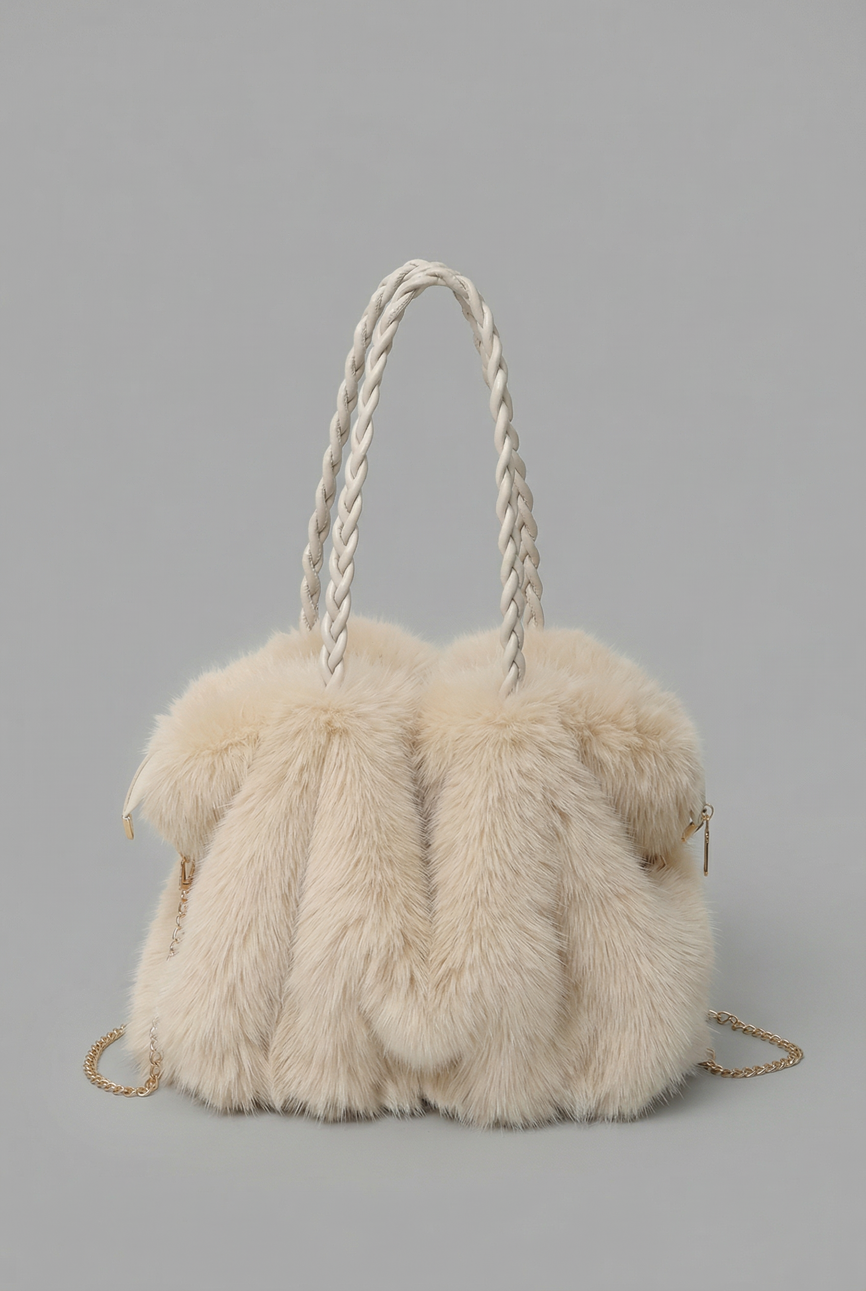 Women’s Plush Velvet Faux Fur Shoulder Bag with Braided Handle