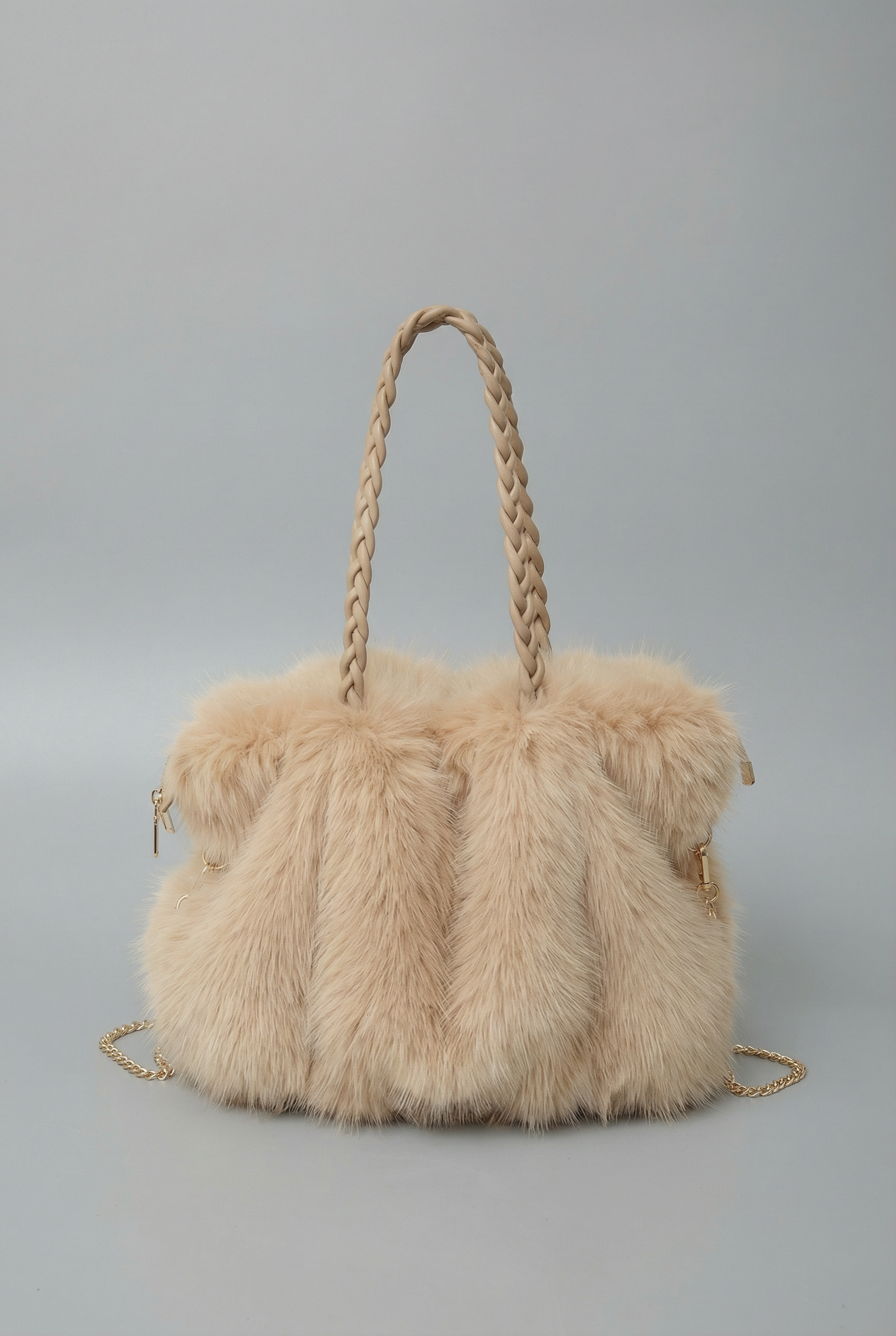 Women’s Plush Velvet Faux Fur Shoulder Bag with Braided Handle