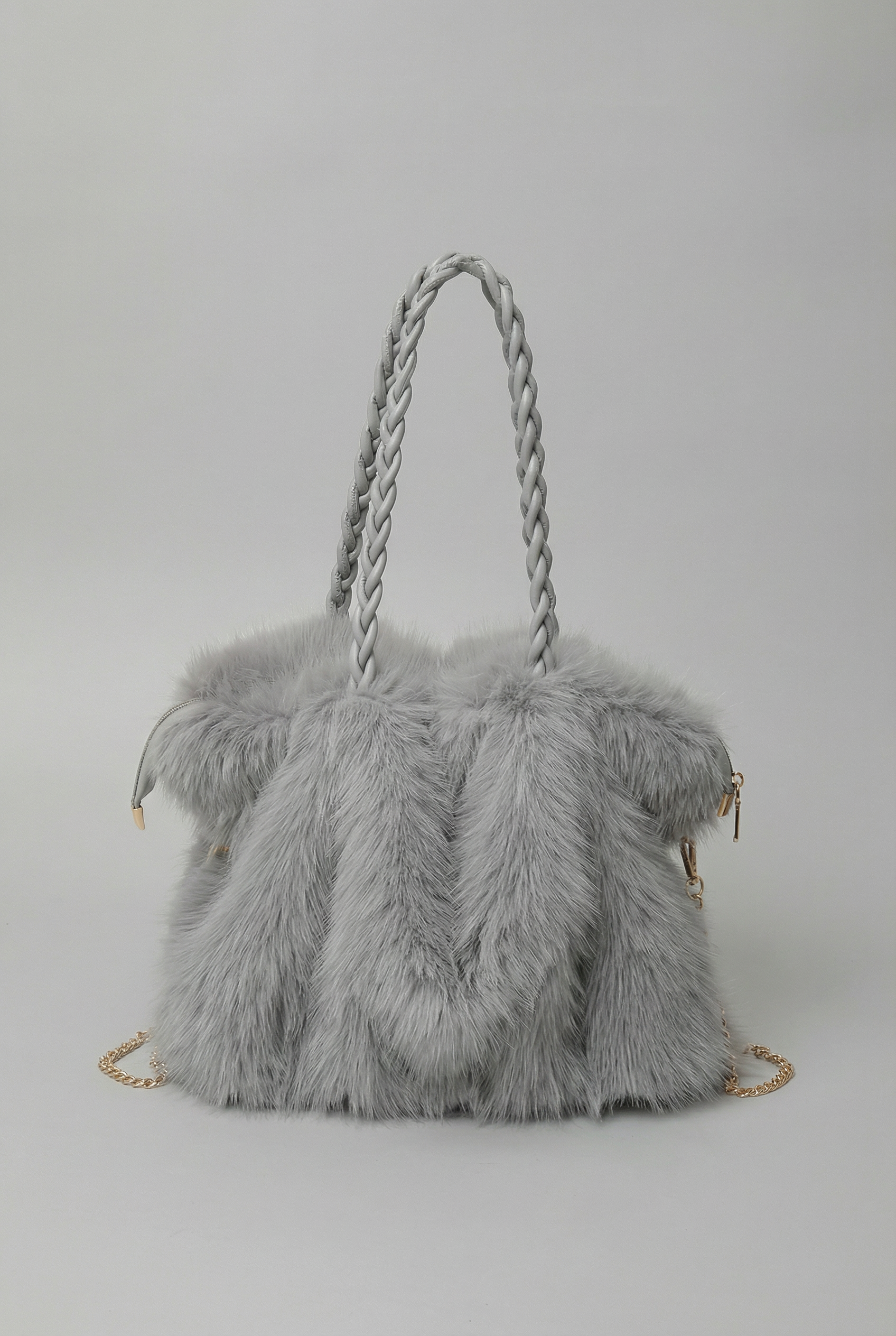 Women’s Plush Velvet Faux Fur Shoulder Bag with Braided Handle