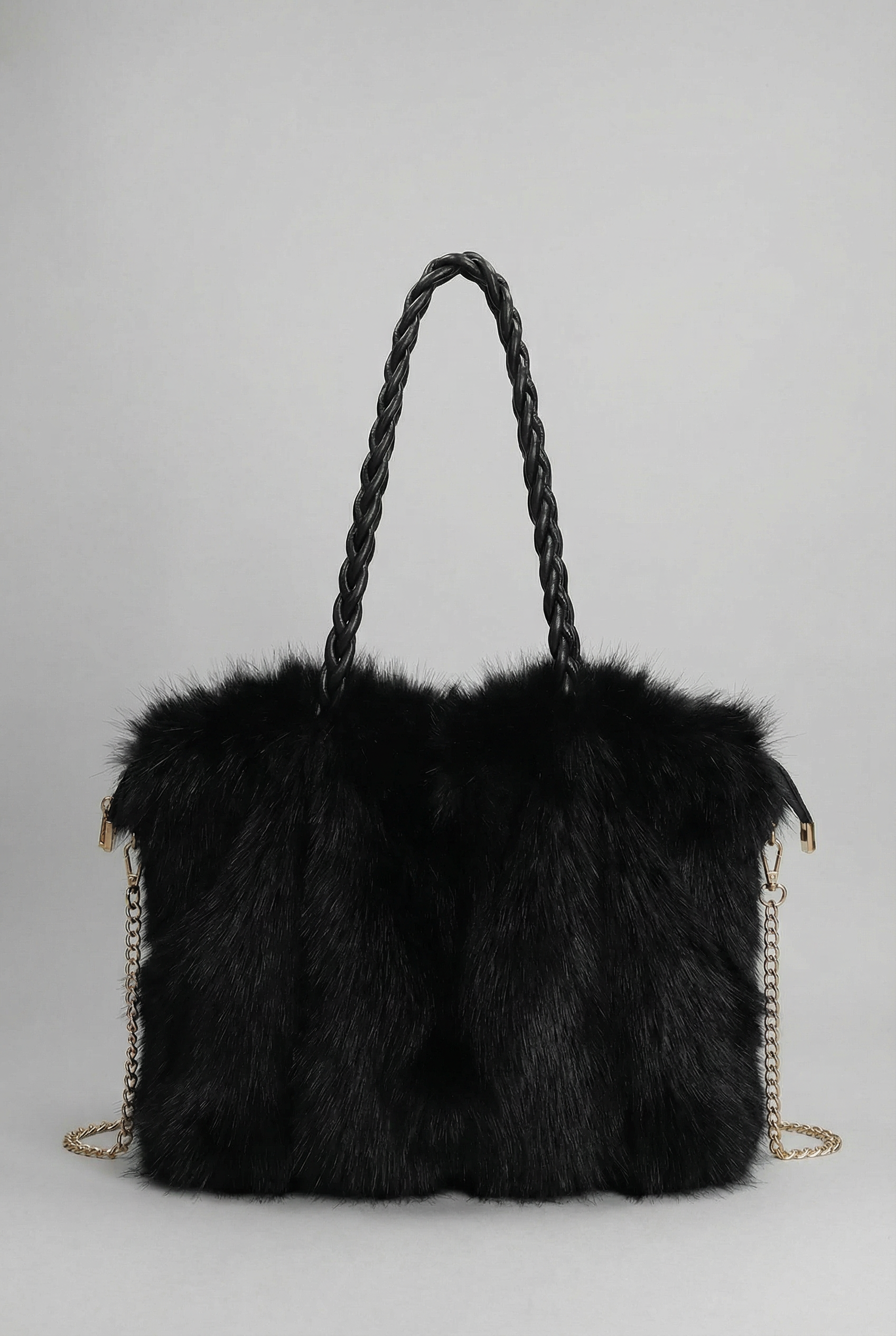 Women’s Plush Velvet Faux Fur Shoulder Bag with Braided Handle