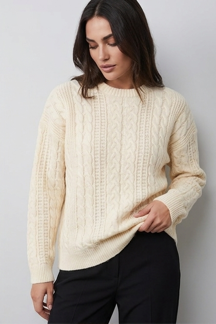 Relaxed Fit Cable Knit Crew Neck Jumper Women