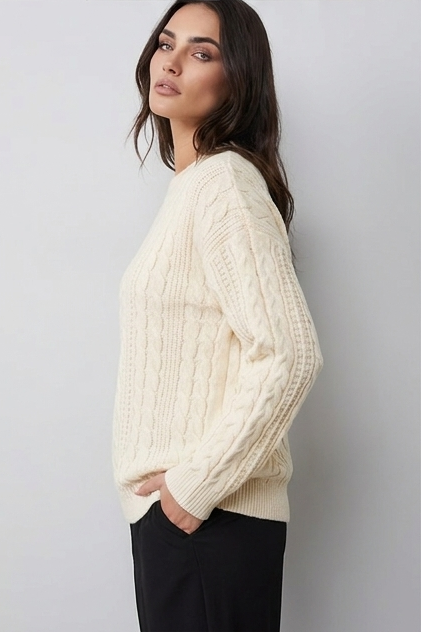 Relaxed Fit Cable Knit Crew Neck Jumper Women