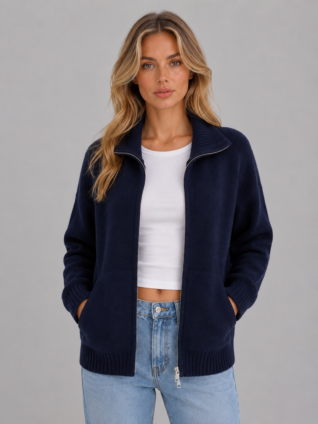 Funnel Neck Zip Up Sweater Knitted Jacket Women