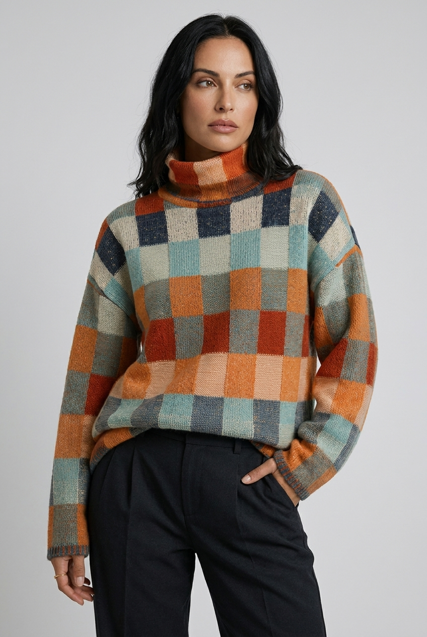 Checkered High Neck Relaxed Oversized Knit Jumper