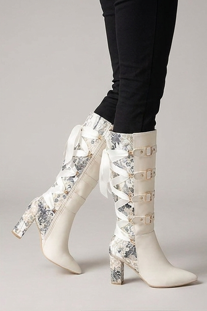 Chunky Heel Panelled Knee High Boots Women