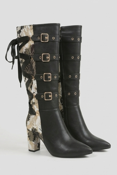 Chunky Heel Panelled Knee High Boots Women