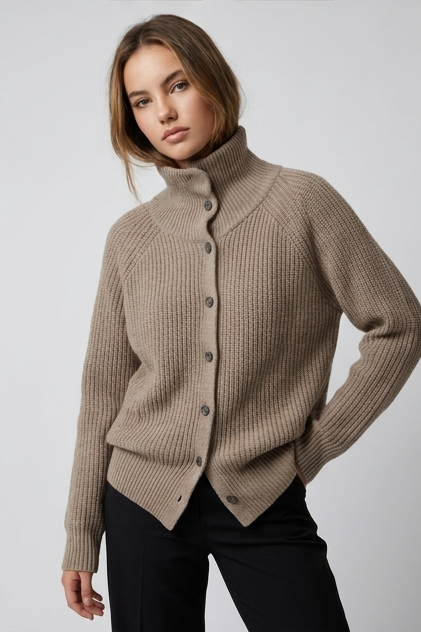 Chunky Ribbed Knit High Neck Longline Cardigan