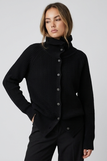 Chunky Ribbed Knit High Neck Longline Cardigan