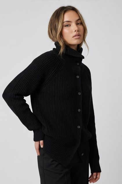 Chunky Ribbed Knit High Neck Longline Cardigan