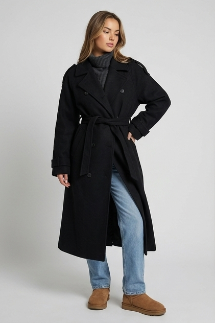 Black Classic Belted Longline Trench Coat Women