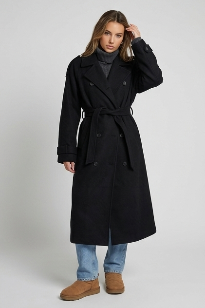 Black Classic Belted Longline Trench Coat Women