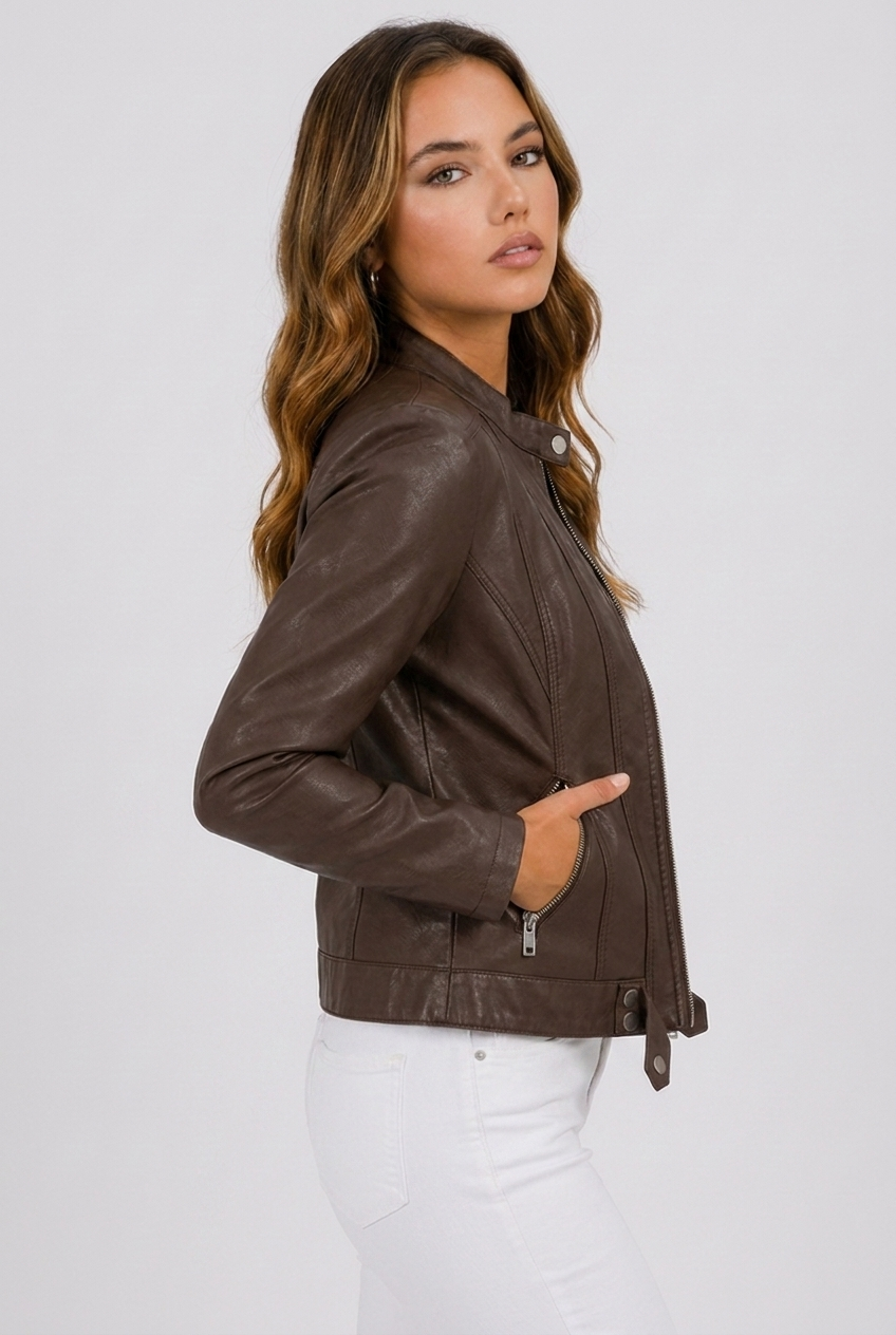 Classic Leather Style Zip Pocket Biker Jacket Women