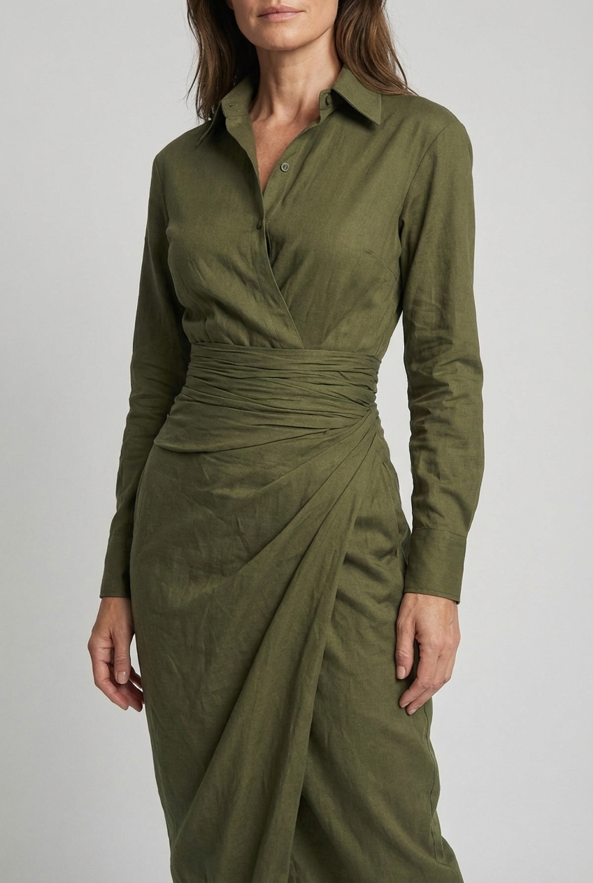 Shirt Collar Ruched Wrap Midi Dress Women