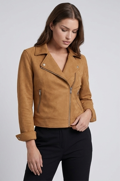 Suede Style Notch Collar Biker Jacket Women