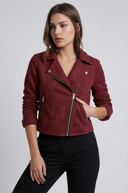 Suede Style Notch Collar Biker Jacket Women