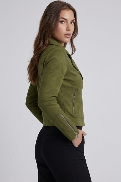 Suede Style Notch Collar Biker Jacket Women