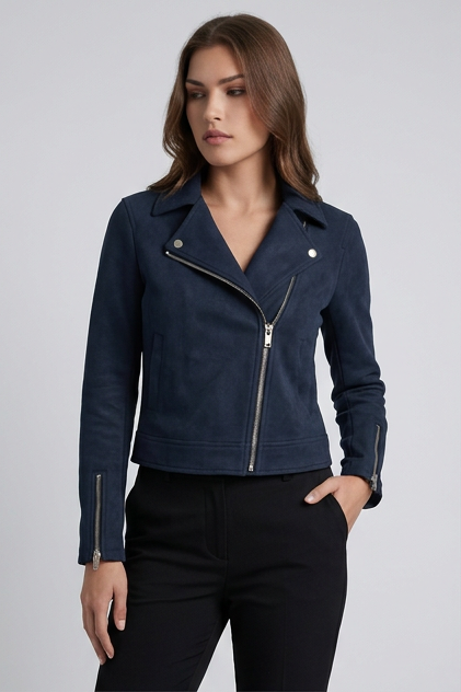 Suede Style Notch Collar Biker Jacket Women