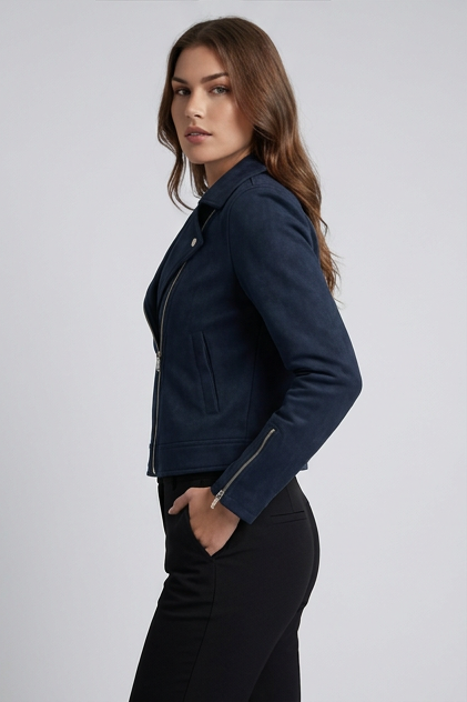 Suede Style Notch Collar Biker Jacket Women
