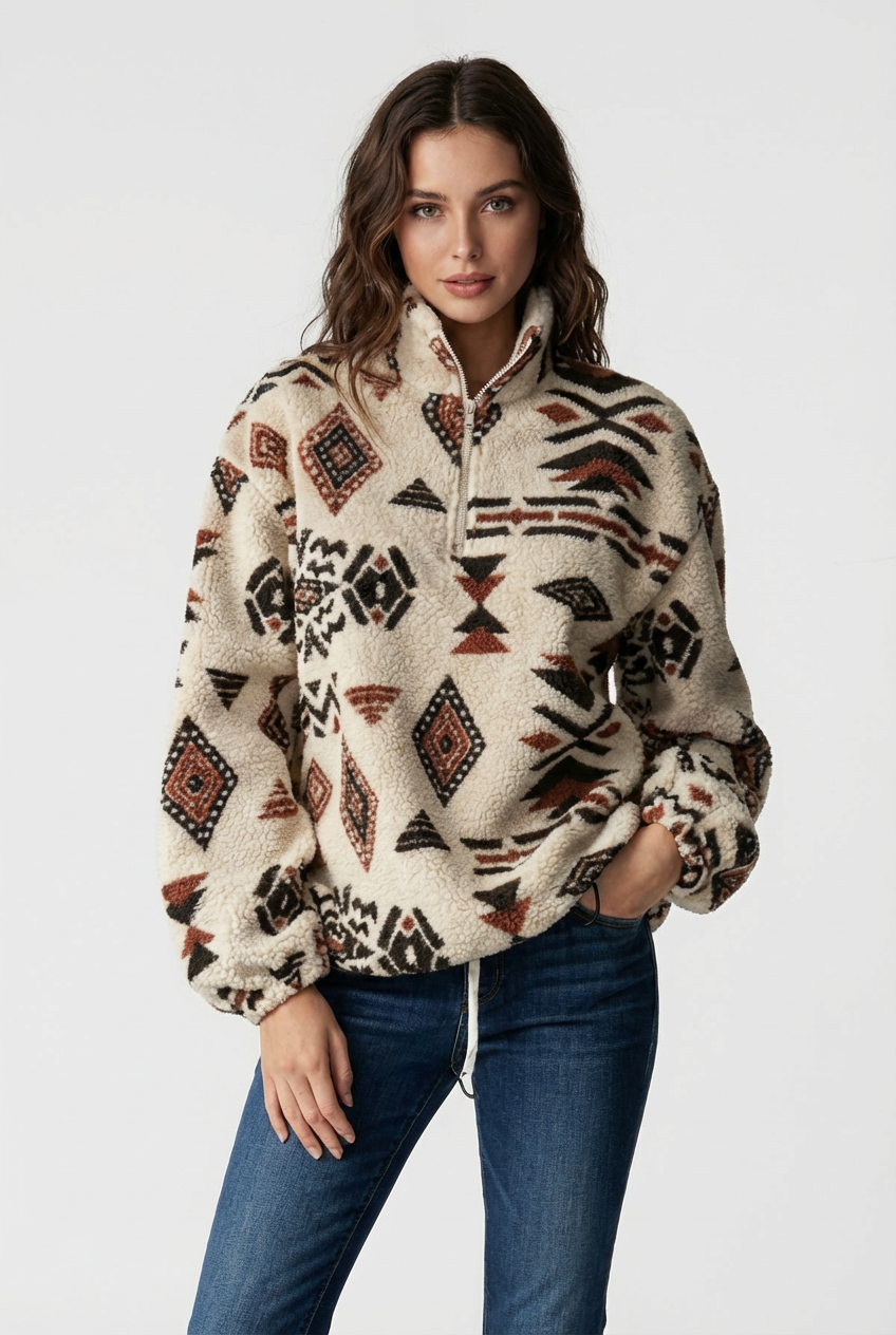 Women’s Cosy Fleece Zip-Up Sweatshirt – Geometric Winter Print