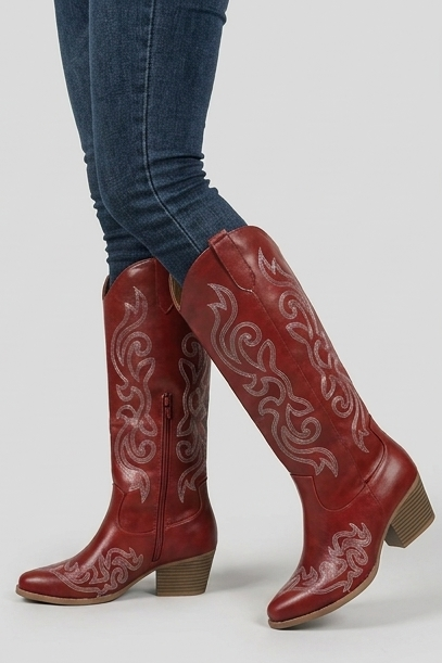 Embroidered Knee High Cowboy Boots Block Heel Women
