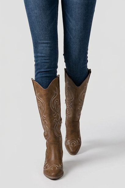 Embroidered Knee High Cowboy Boots Block Heel Women