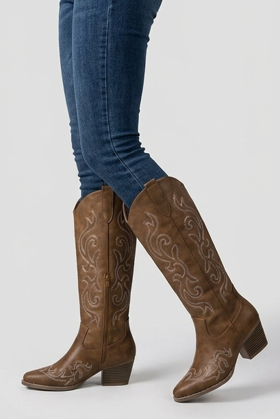 Embroidered Knee High Cowboy Boots Block Heel Women