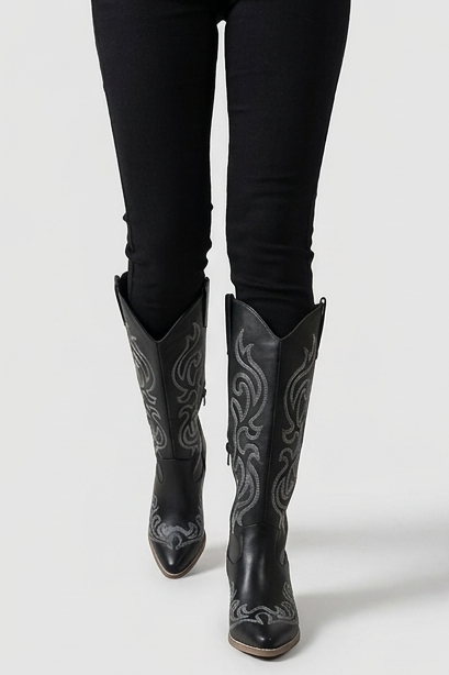 Embroidered Knee High Cowboy Boots Block Heel Women