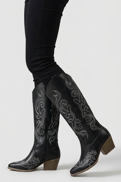 Embroidered Knee High Cowboy Boots Block Heel Women