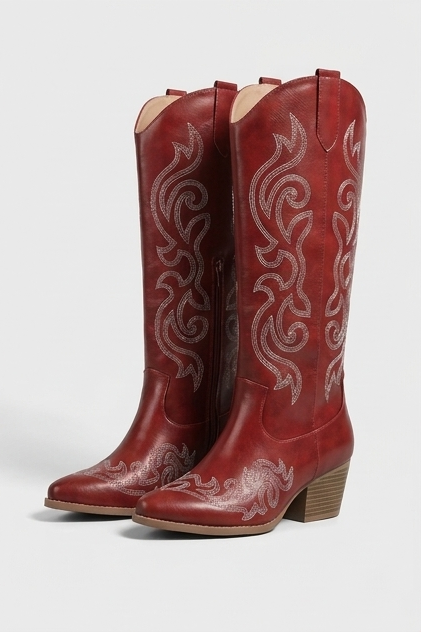 Embroidered Knee High Cowboy Boots Block Heel Women