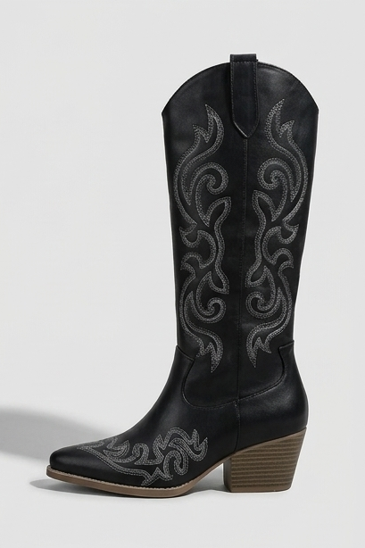 Embroidered Knee High Cowboy Boots Block Heel Women