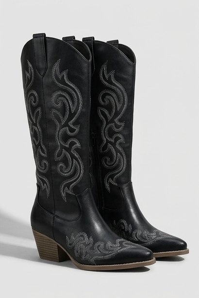 Embroidered Knee High Cowboy Boots Block Heel Women