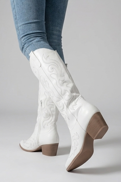 Embroidered Knee High Cowboy Boots Block Heel Women