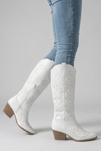 Embroidered Knee High Cowboy Boots Block Heel Women