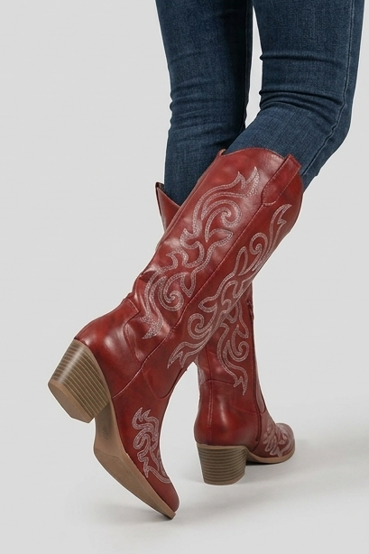 Embroidered Knee High Cowboy Boots Block Heel Women