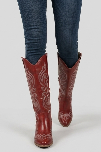 Embroidered Knee High Cowboy Boots Block Heel Women