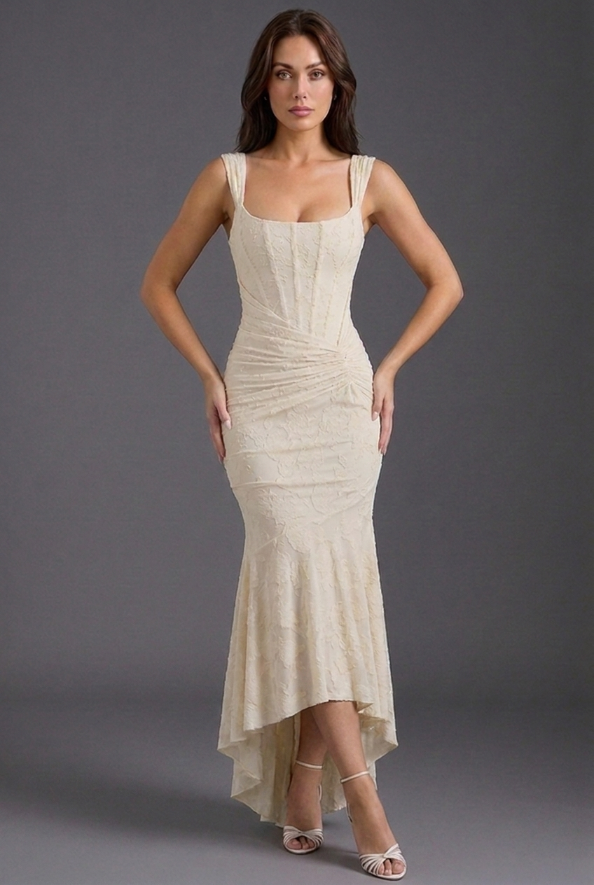 Corset Ruched Fishtail Midi Wedding Guest Dress