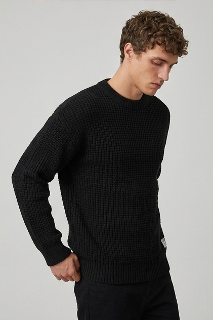 Crew Neck Waffle Knit Pullover Sweater Men