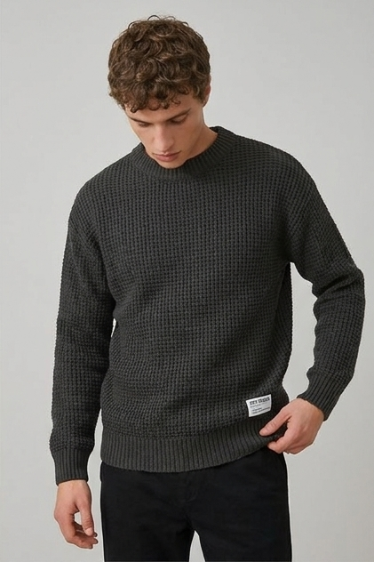 Crew Neck Waffle Knit Pullover Sweater Men