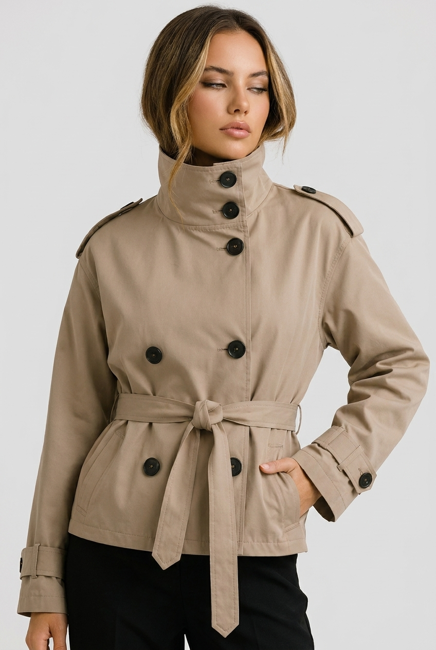 Beige Cropped Belted Trench Coat Jacket Women