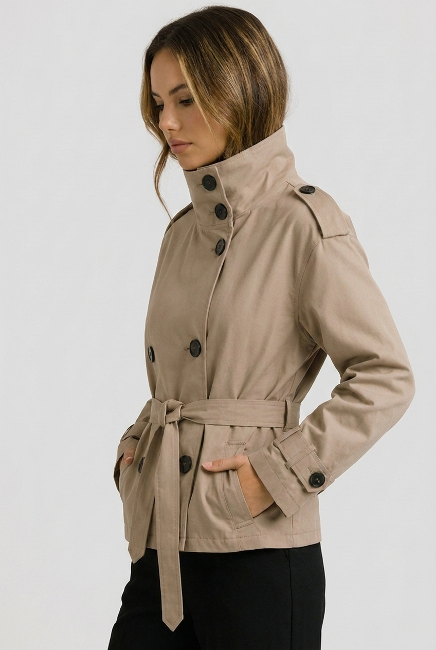 Beige Cropped Belted Trench Coat Jacket Women