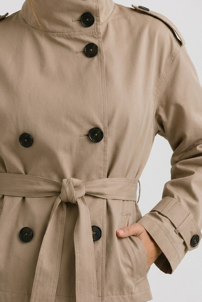 Beige Cropped Belted Trench Coat Jacket Women