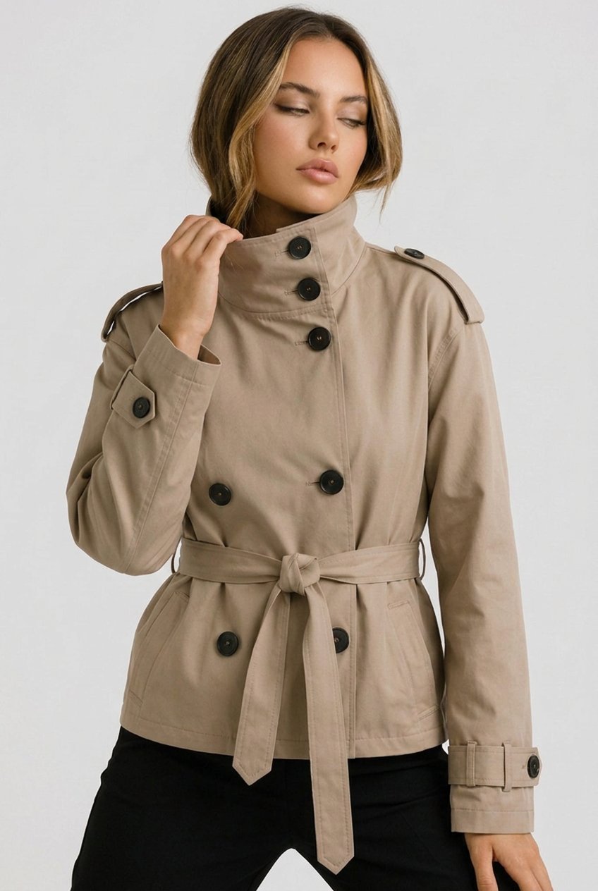 Beige Cropped Belted Trench Coat Jacket Women