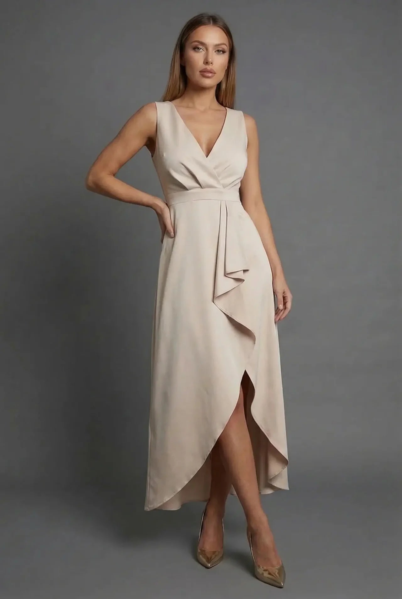 Ascot Satin Style Wrap Wedding Guest Midi Dress